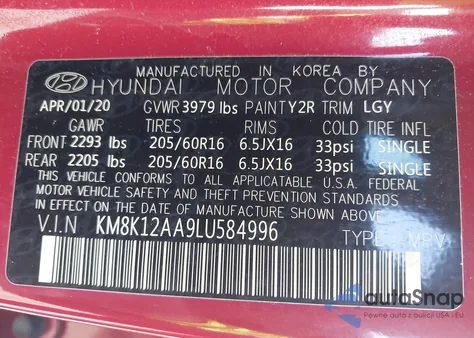 2020 Hyundai Kona Se from USA, damaged, VIN KM8K12AA9LU584996